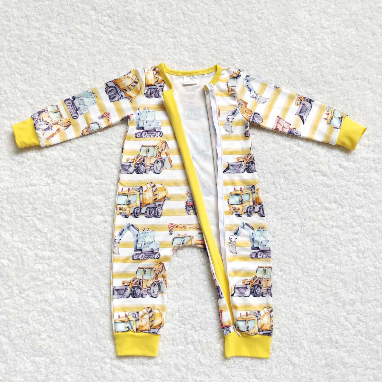 LR0569 Yellow construction print baby boys zipper romper