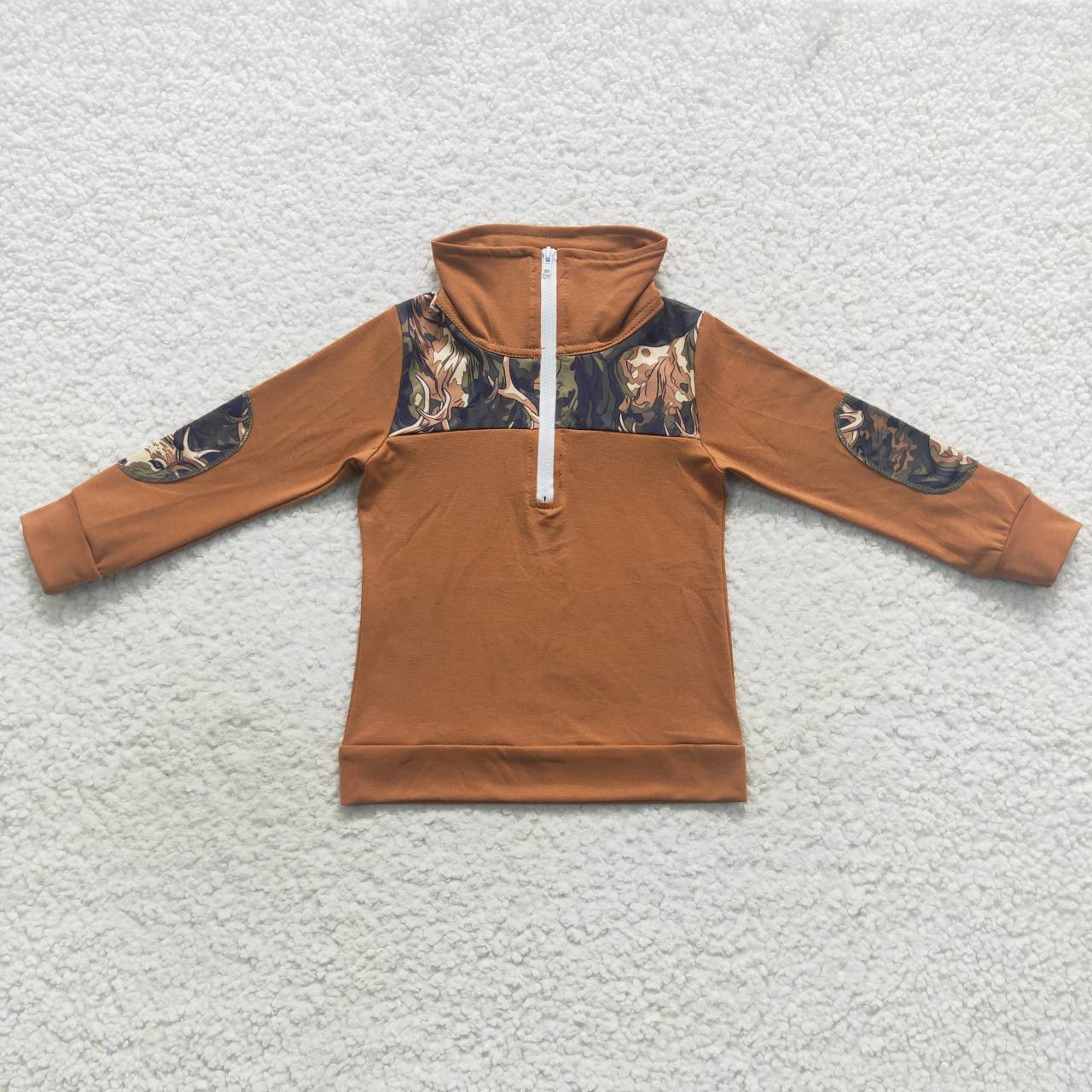 (Promotion)BT0305 Green deer camo print boys pullover zipper tee shirt top
