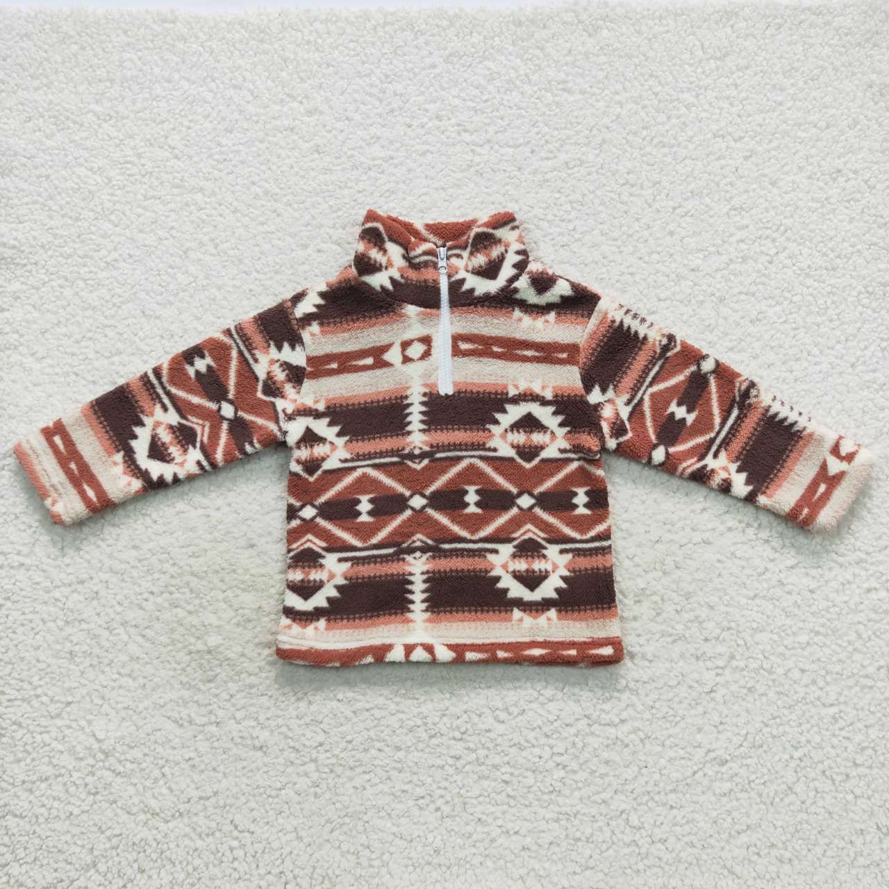 BT0369 Brown Aztec Print Zip Winter Thick Pullover Kids Sherpa Western Top