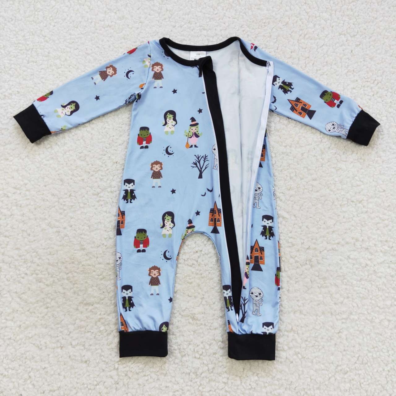 LR0555 Blue Halloween character print baby boys zipper romper