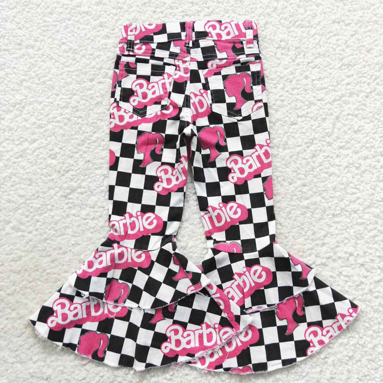 P0243 Girls black plaid and pink BA print denim bell bottom jeans