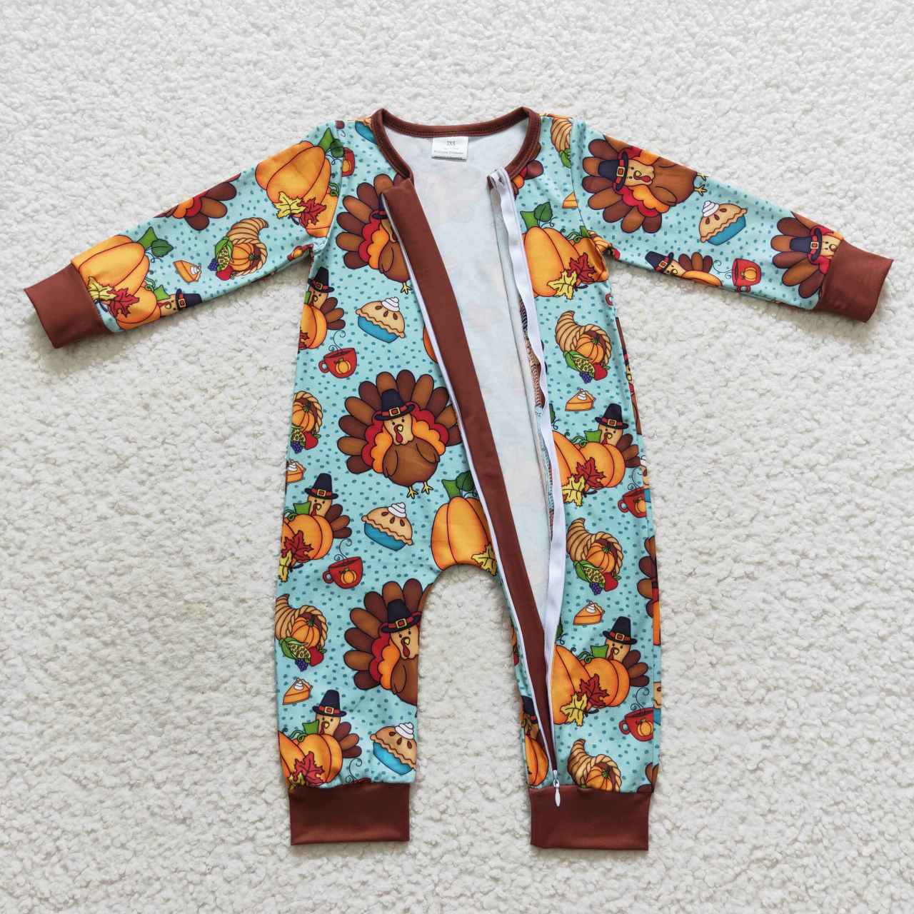 LR0581 Turkey pumpkin print baby boys zipper romper