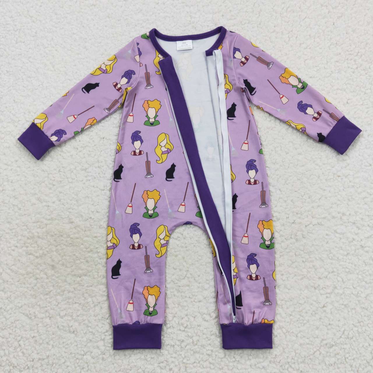LR0514 Purple witch print Halloween baby zipper romper