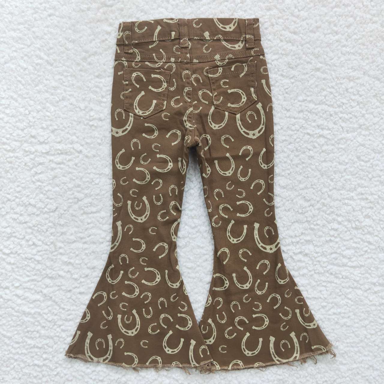 P0227 Girls brown horseshoe print denim western bell bottom jeans