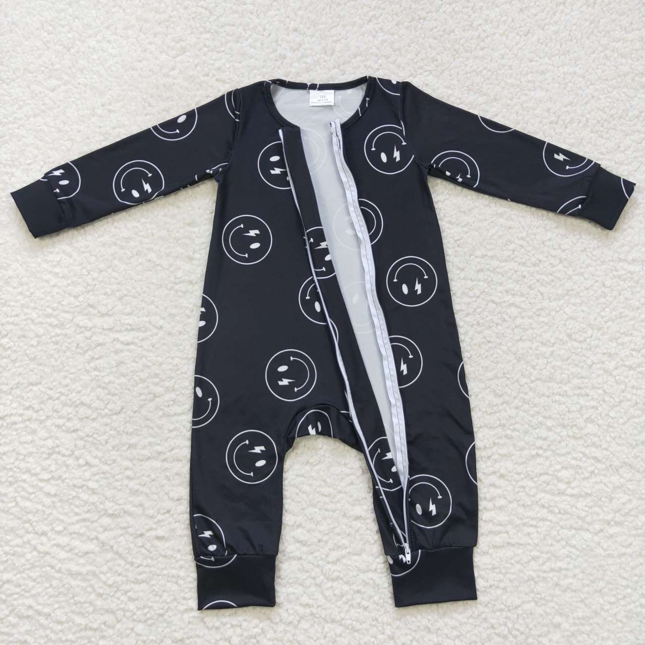LR0654 Black smiling face print baby zipper romper