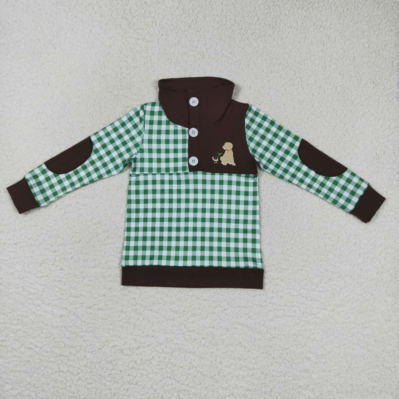 BT0301 Dog Duck Embroidery Green Plaid Print Boys Go Hunting Pullover Button Tee Shirt Top