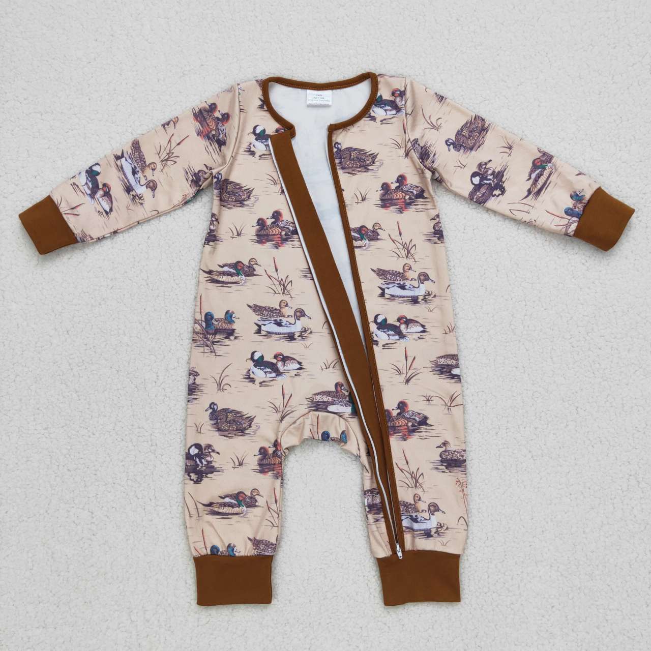 LR0667 Brown duck print baby zipper romper