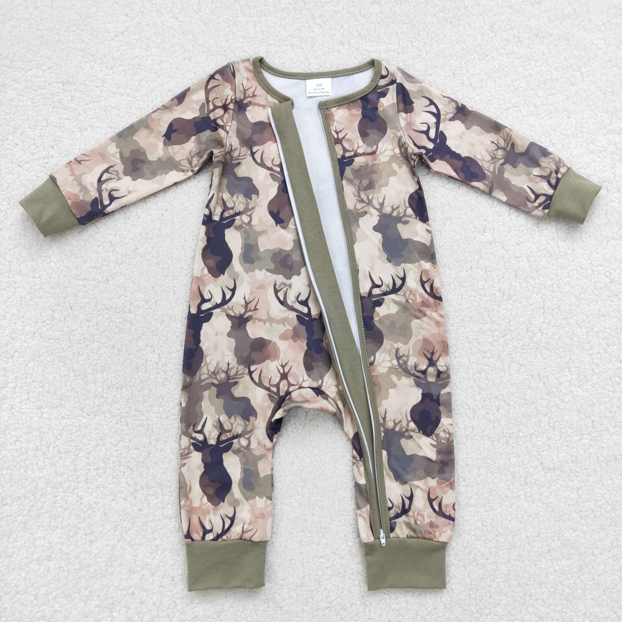 LR0662 Green camo deer print baby boys zipper romper