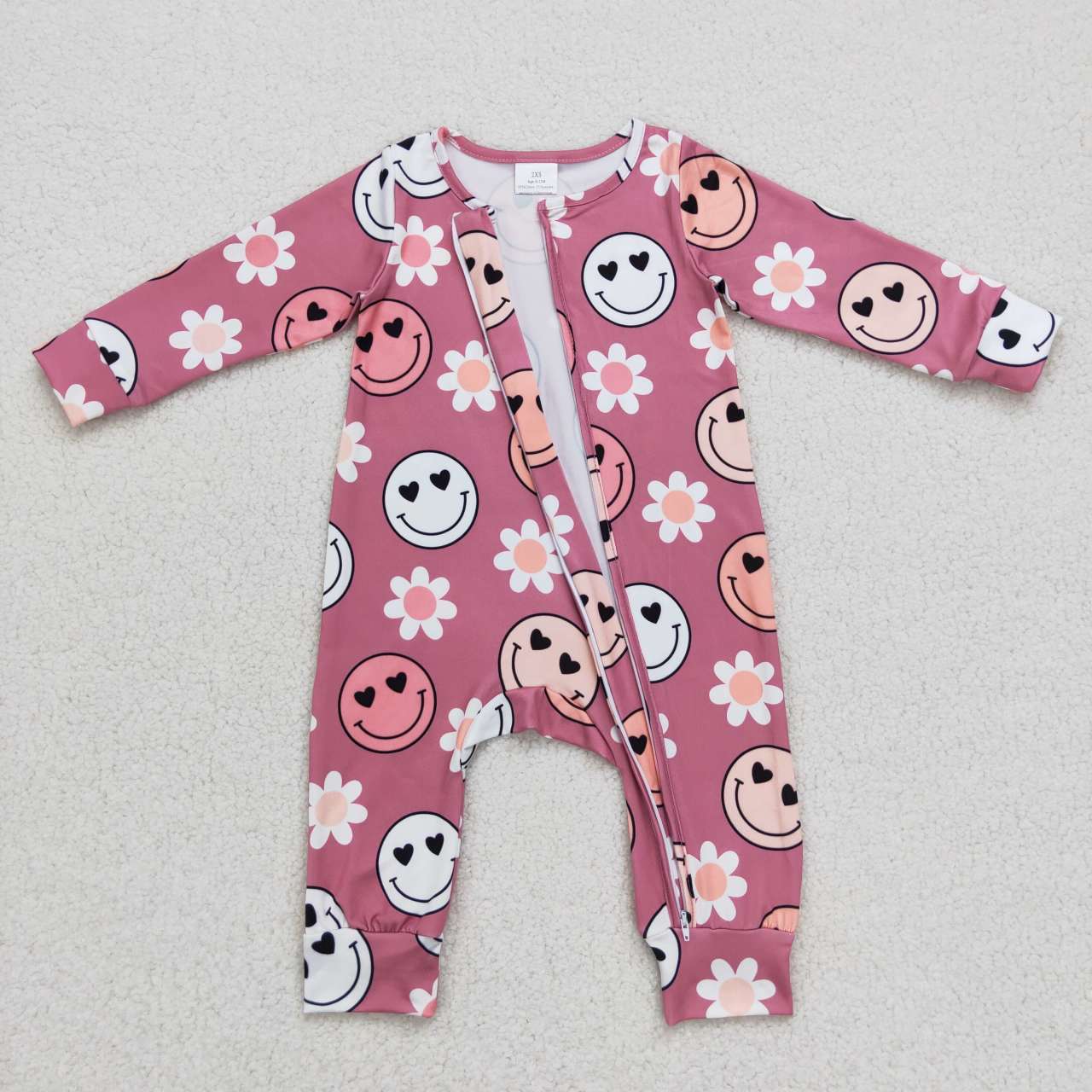 LR0649 Pink smiling face flowers print baby girls zipper romper