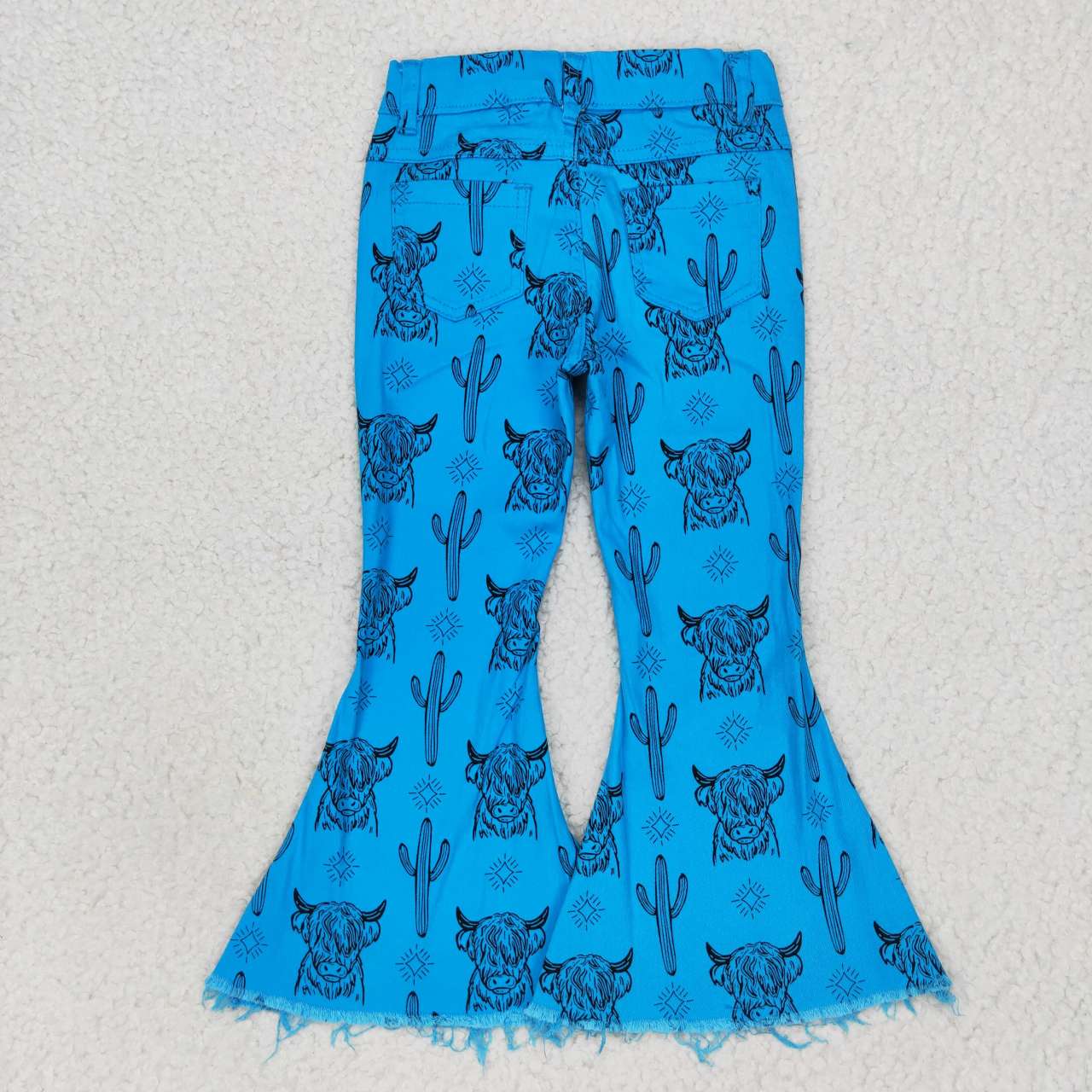 P0281 Girls blue highland cow print denim bell bottom jeans western pants