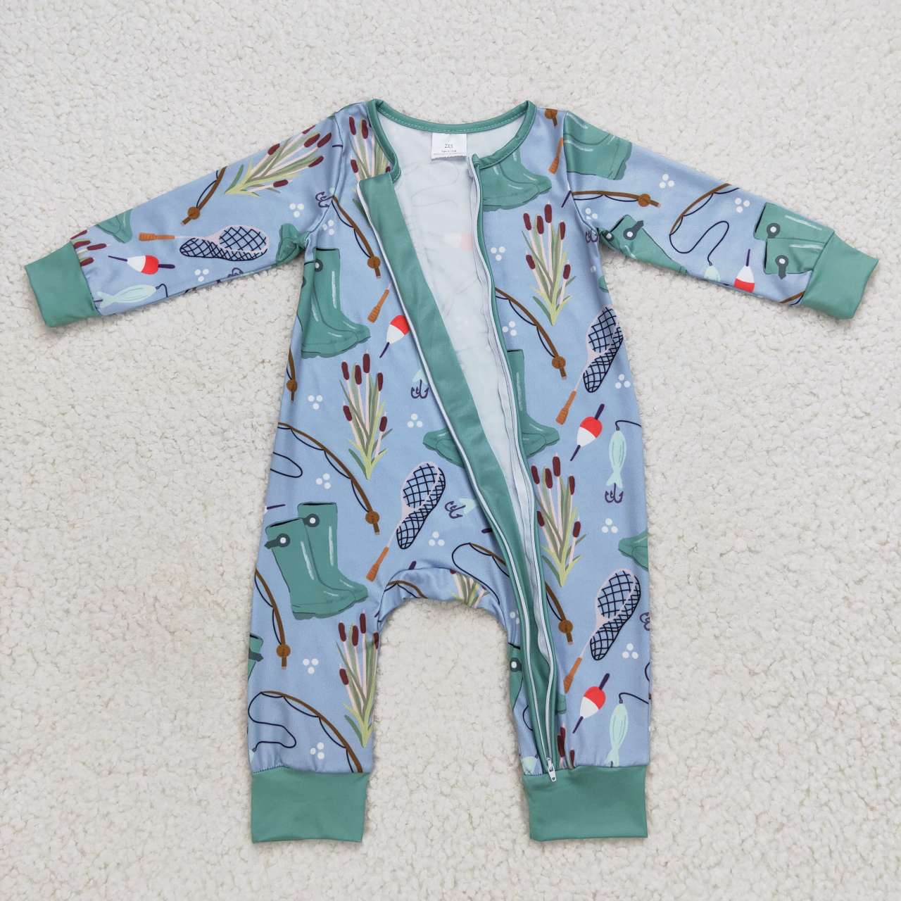 LR0664 Go fishing print baby boys zipper sleeper romper