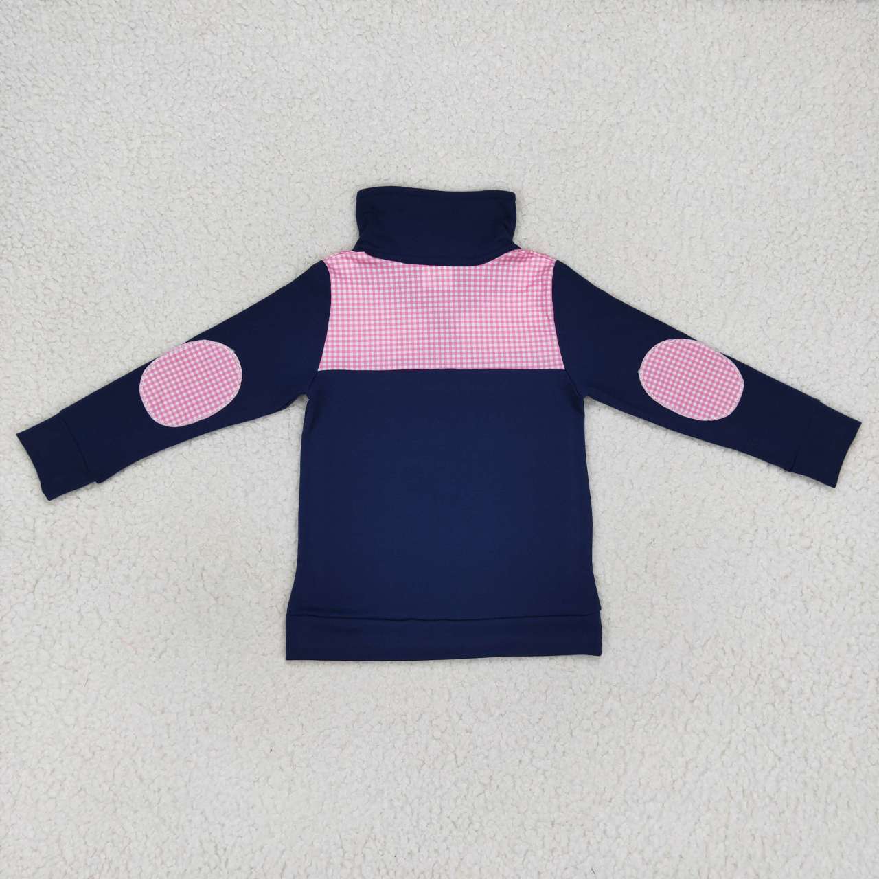 BT0290 Boys Pink Plaid Long Sleeve Elbow Navy Pullover Zipper Tee Shirt Top
