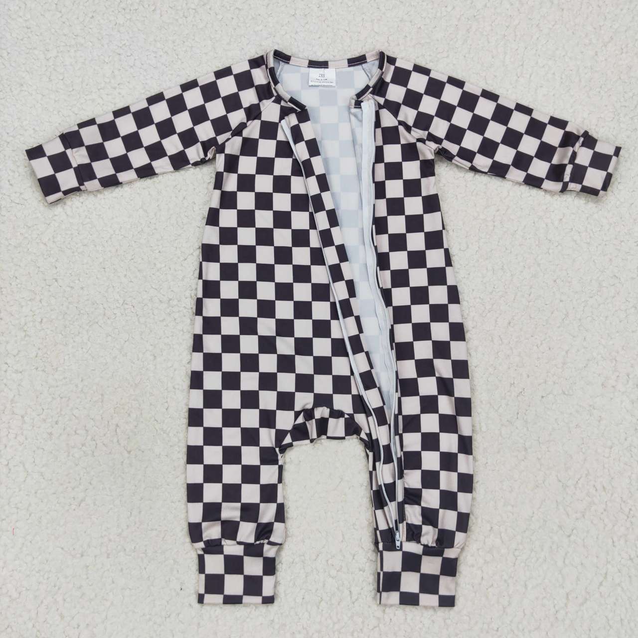 LR0655 Black plaid print baby zipper sleeper romper