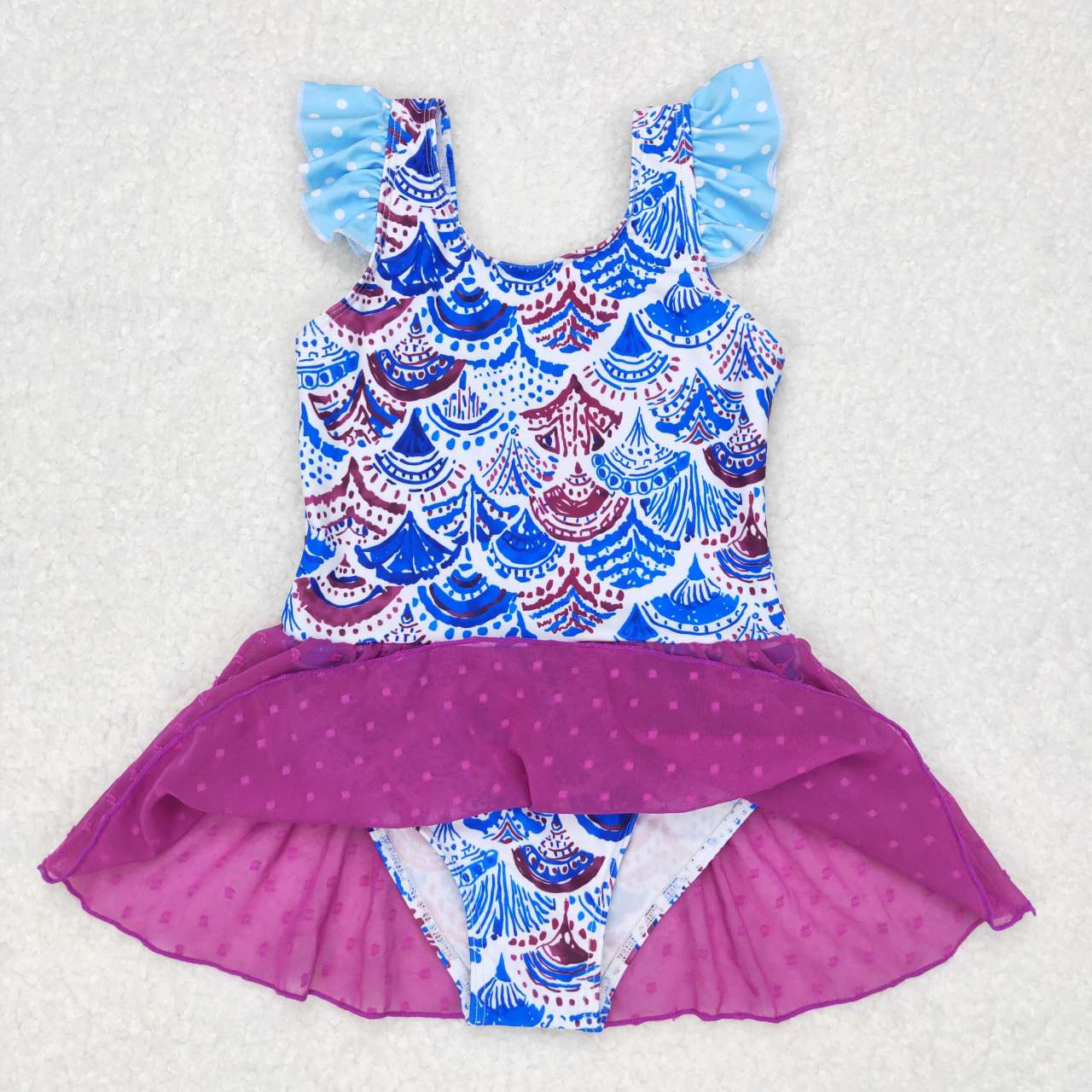 S0154 Girls Mermaid Scale Print 1 Piece Purple Tulle Swimsuits