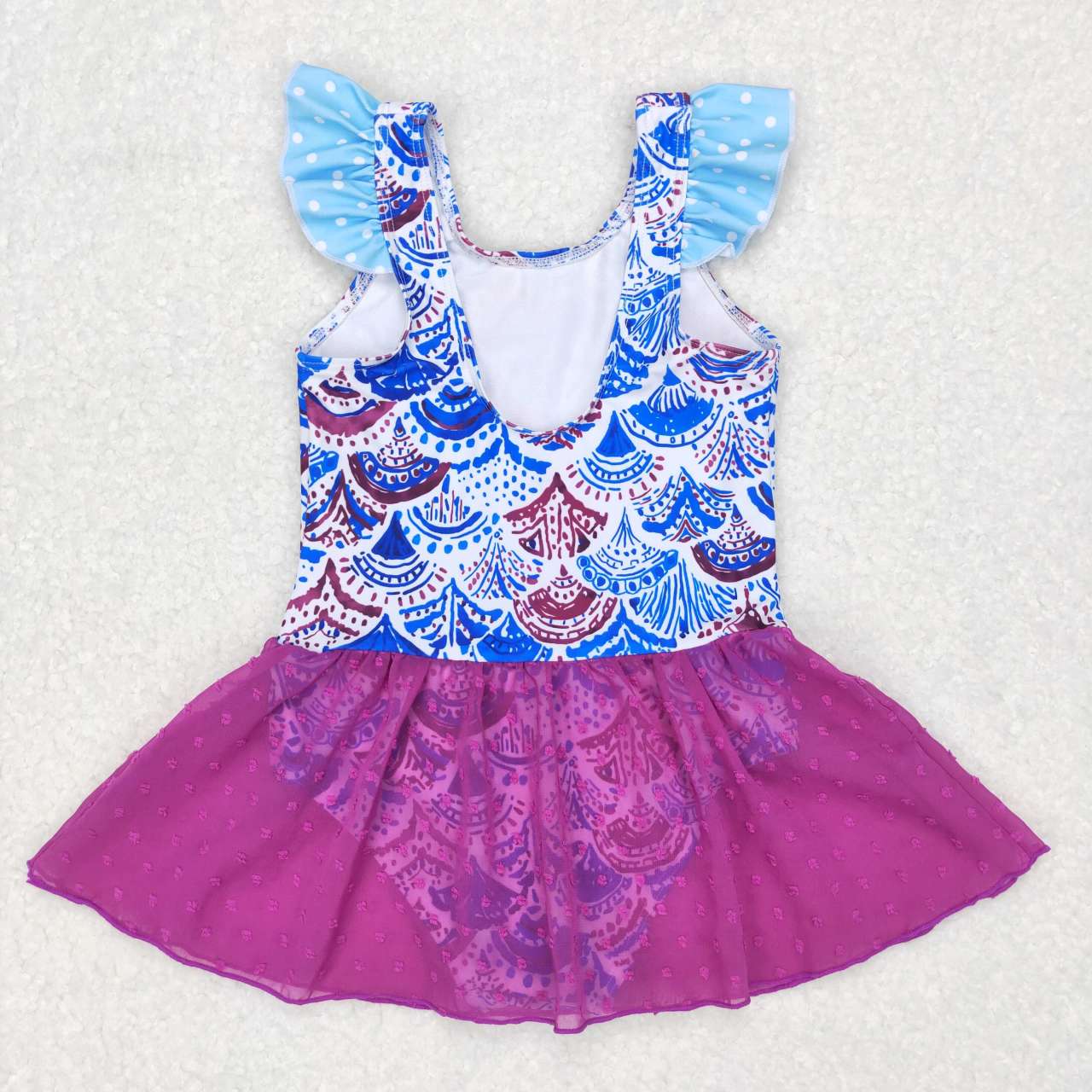 S0154 Girls Mermaid Scale Print 1 Piece Purple Tulle Swimsuits