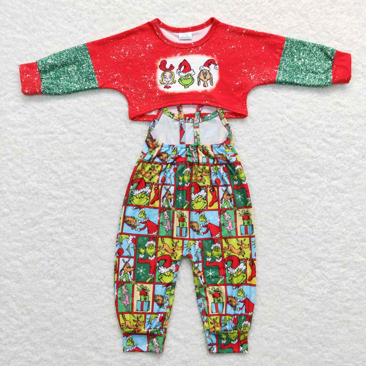 GLP0814 Christmas Green Frog Red Print Girls Jumpsuit Clothes Set