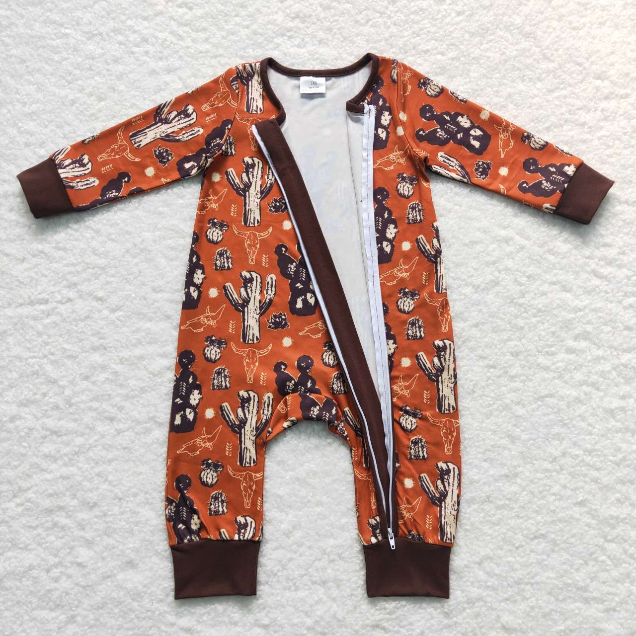 LR0726 Brown Cactus Print Baby Boys Sleeper Western Romper