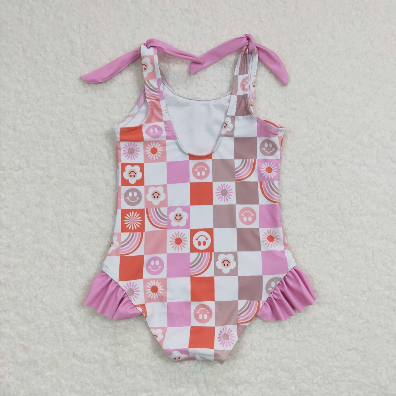 S0150 Girls Pink Smiling Rainbow Plaid Print 1 Piece Swimsuits