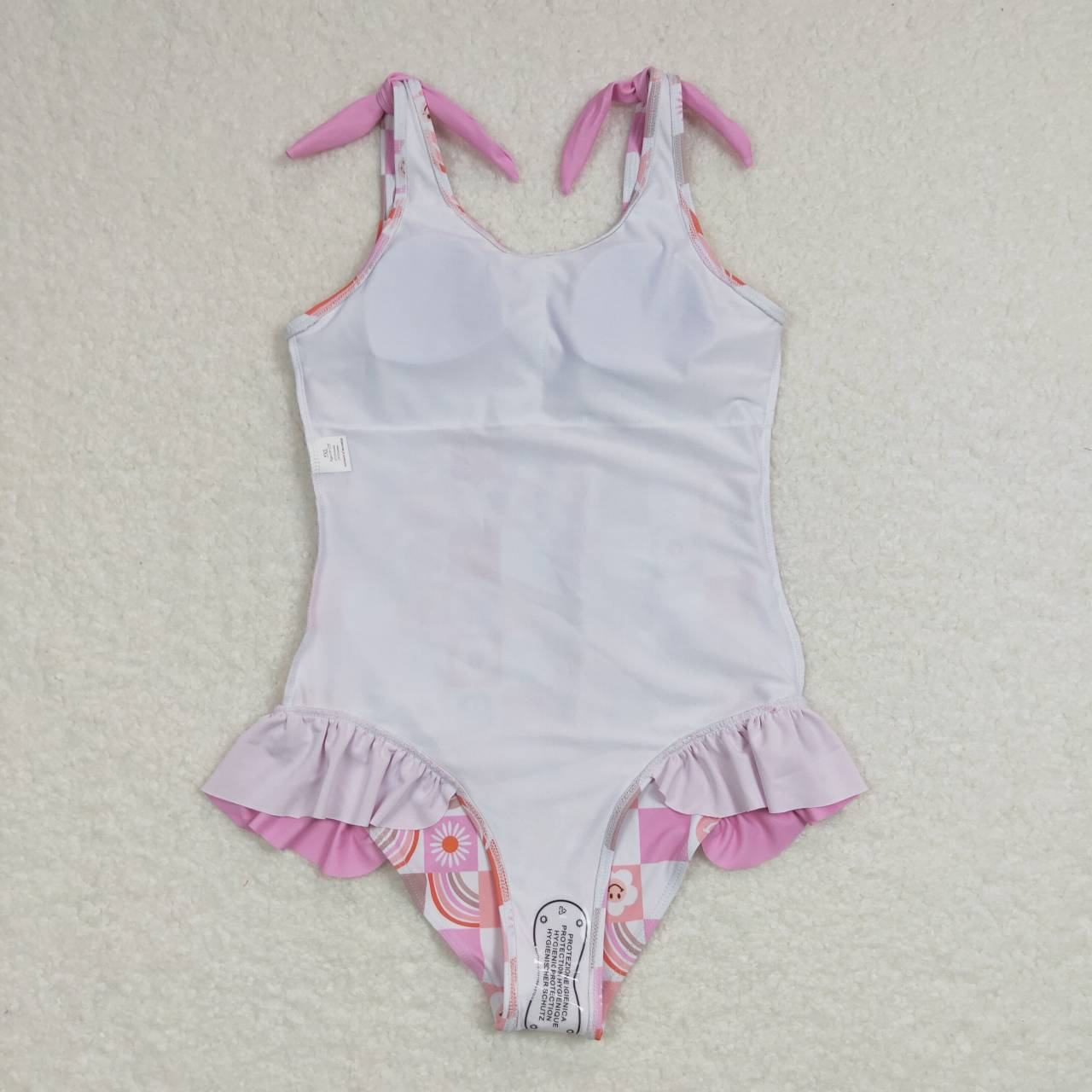 S0150 Girls Pink Smiling Rainbow Plaid Print 1 Piece Swimsuits