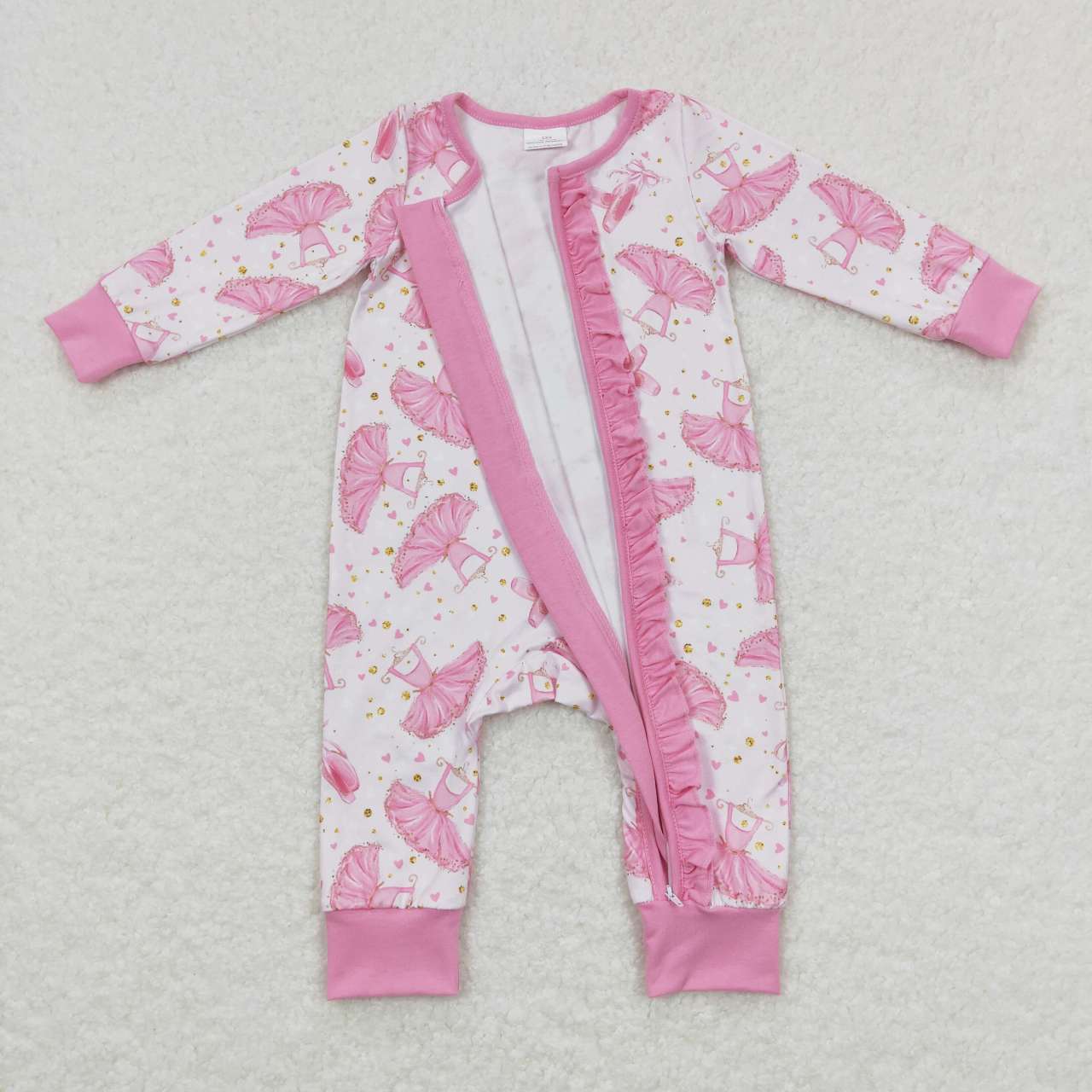 LR0647 Dance Shoes And Dress Print Baby Girls Sleeper Zipper Romper