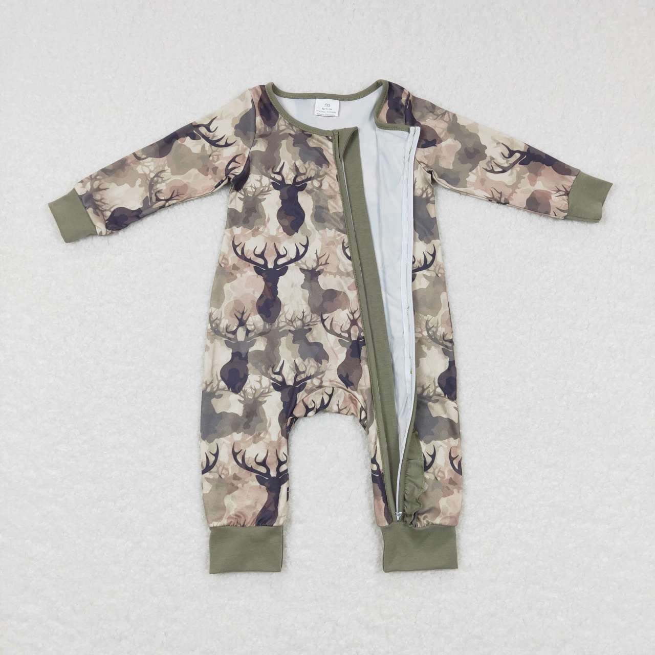 LR0661 Green Camo Deer Print Baby Girls Sleeper Zipper Romper