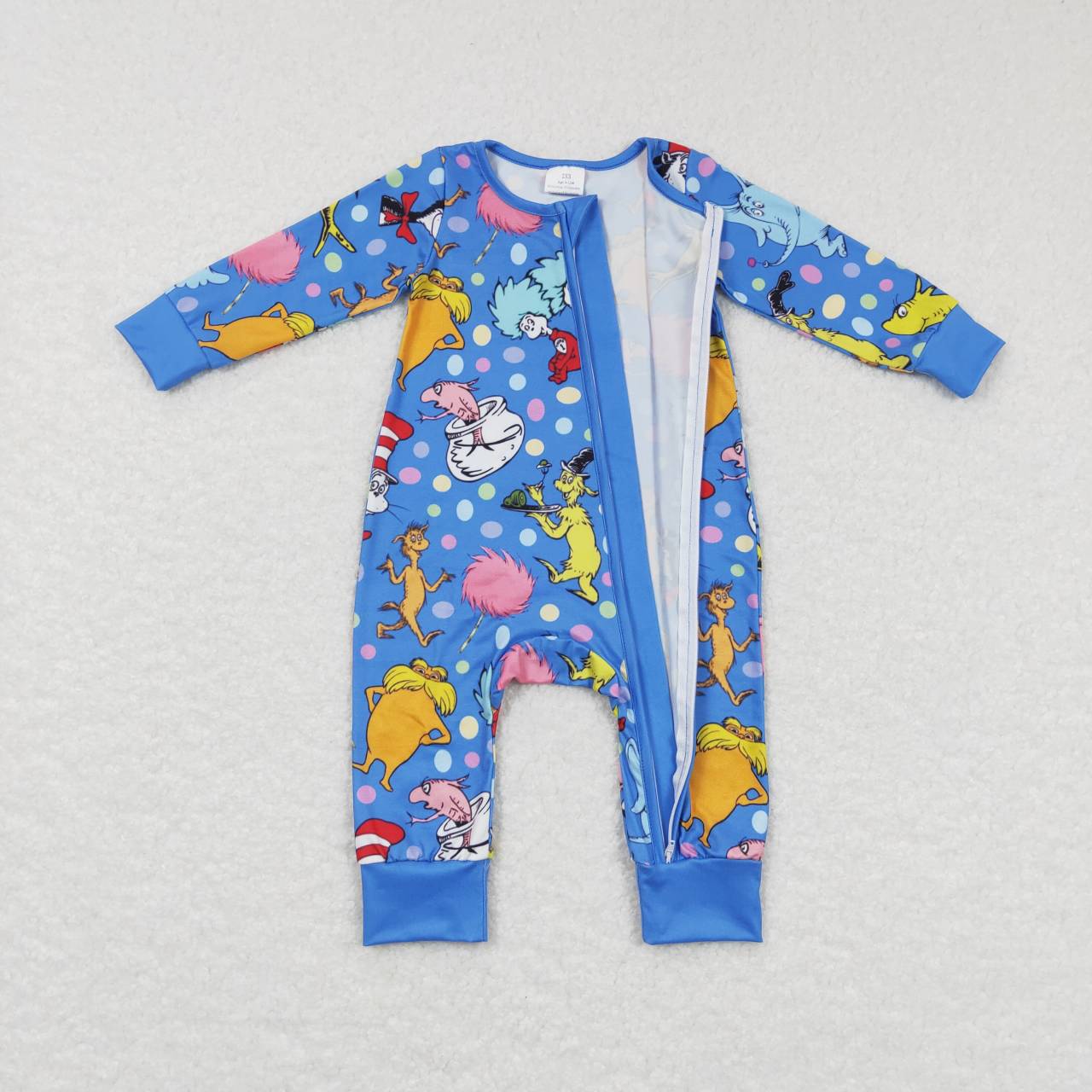 LR0784 Blue Cartoon Cat Dr. Reading Print Baby Sleeper Zipper Romper