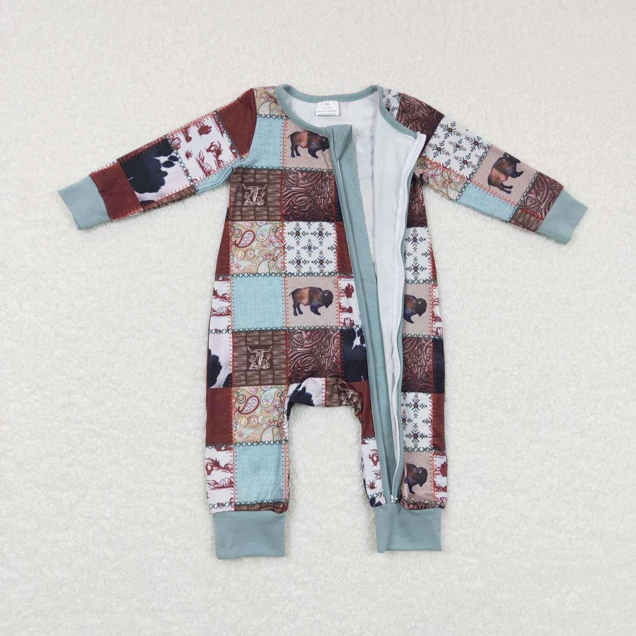 LR0734 Cow Aztec Paisley Print Baby Western Sleeper Zipper Romper