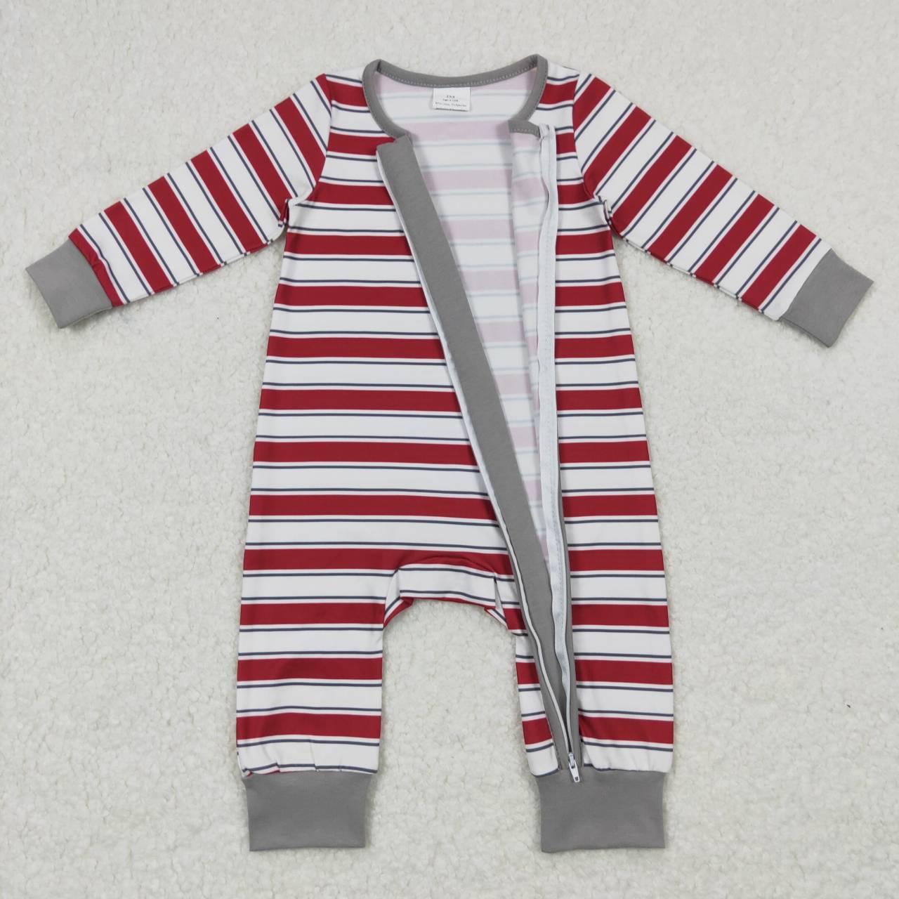 LR0748 Red Stripes Baby Christmas Sleeper Zipper Romper