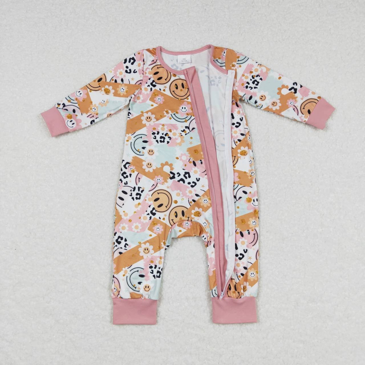 LR0684 Pink Flowers Smiling Face Print Baby Girls Sleeper Zipper Romper