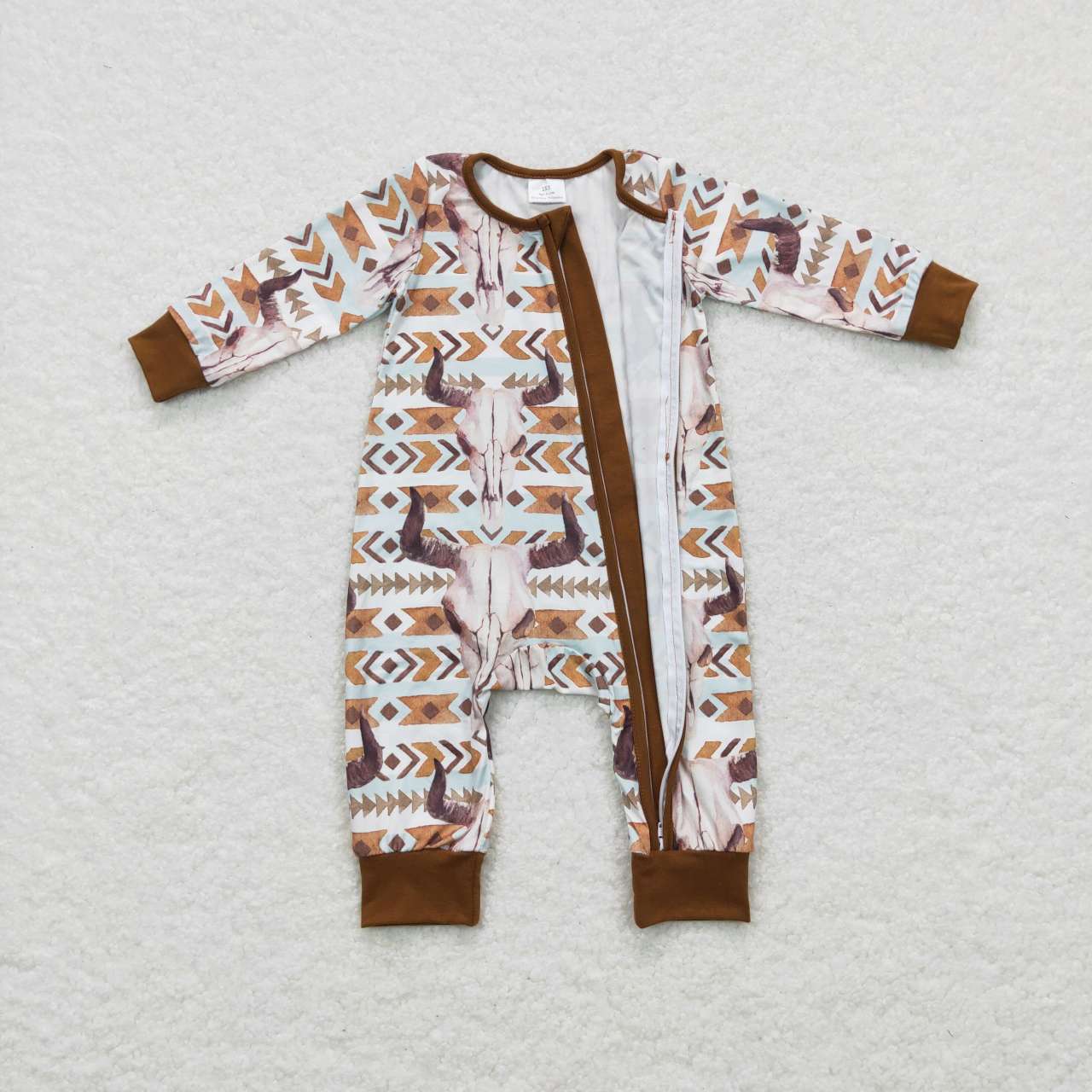 USA-Shop LR0674 Brown Cow Skull Aztec Print Baby Boys Sleeper Zipper Romper