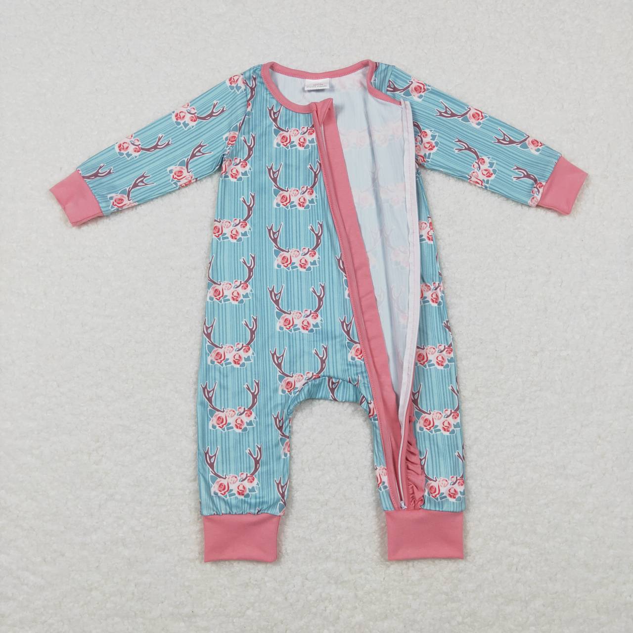 LR0712 Deer Horn Flowers Baby Girls Sleeper Zipper romper