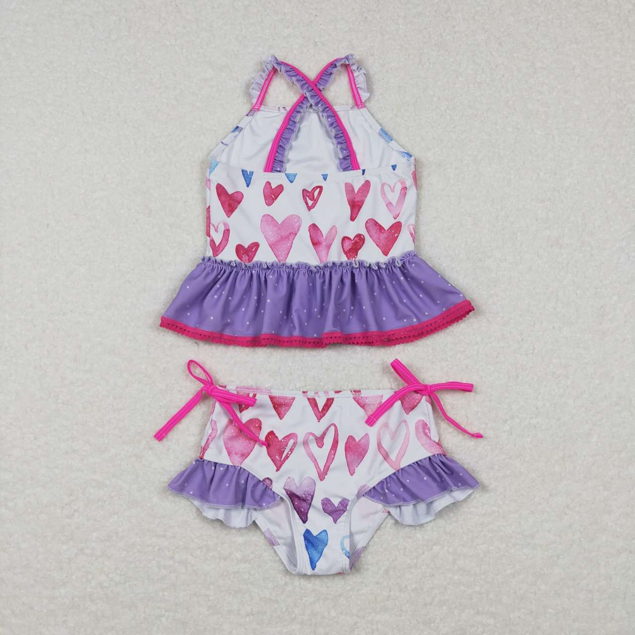 S0163 Girls Purple Heart Print Ruffles 2 Pieces Swimsuits