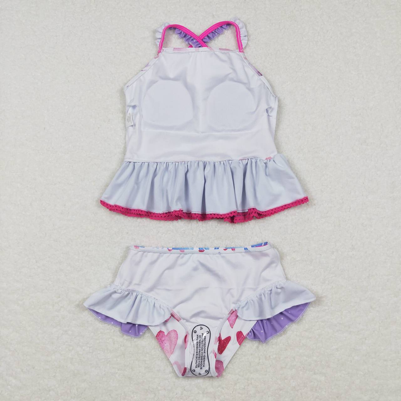 S0163 Girls Purple Heart Print Ruffles 2 Pieces Swimsuits