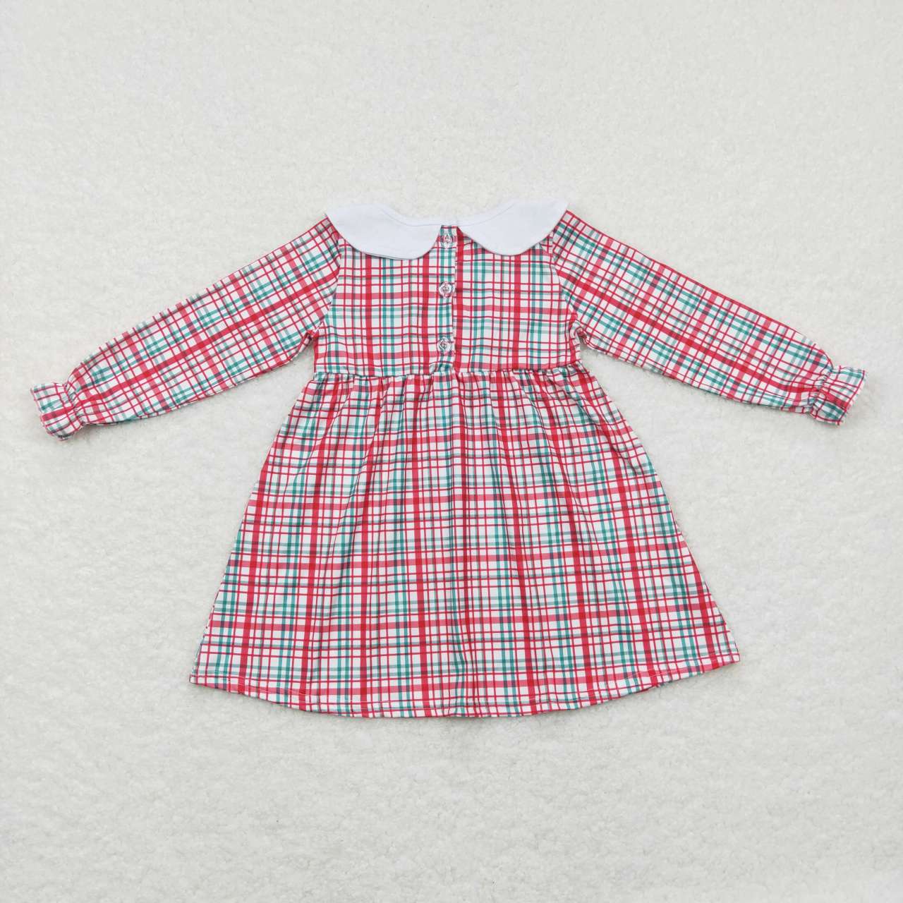 GLD0470 Red Green Plaid Print Knee Length Christmas Embroidery Dress