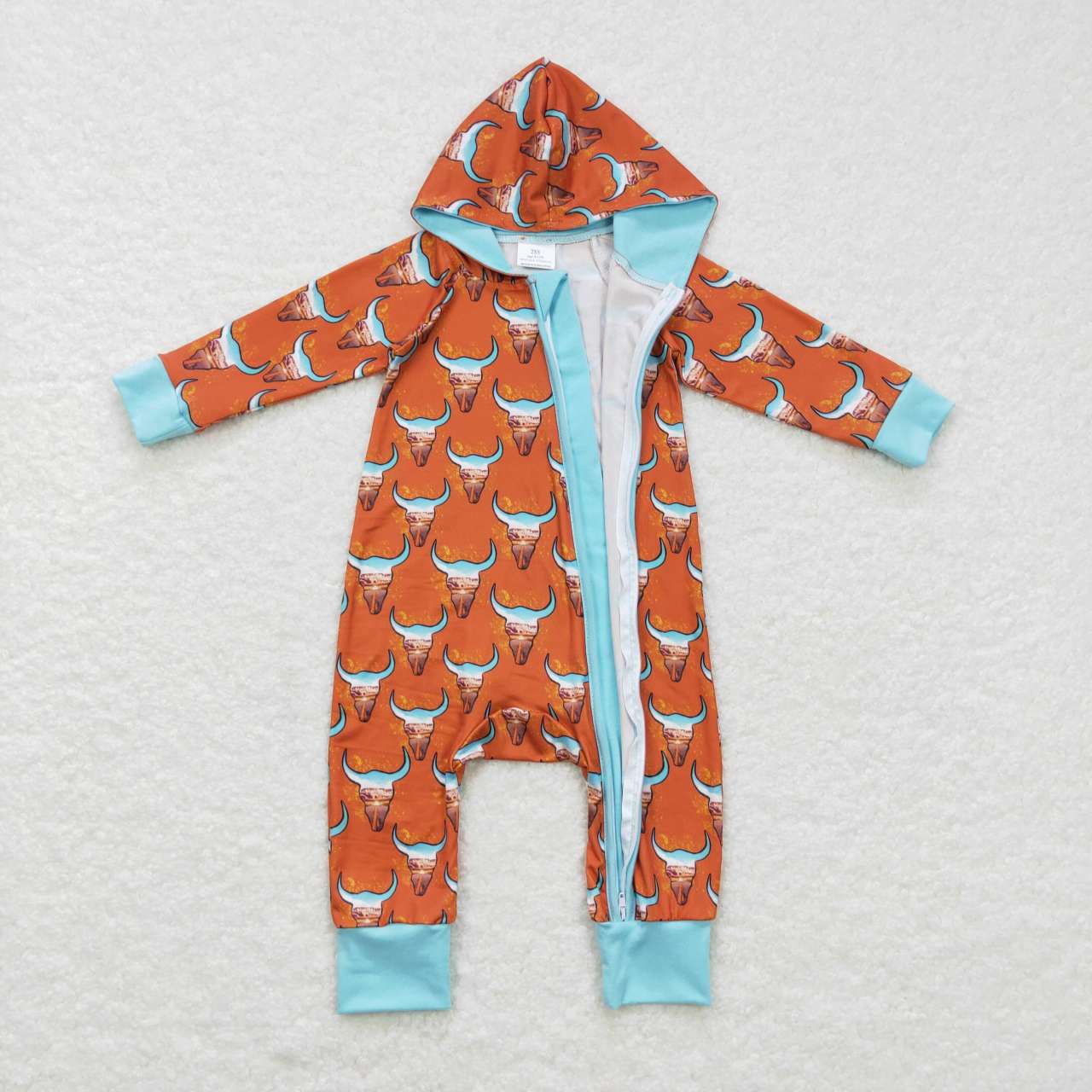 LR0703 Cow Skull Print Baby Boys Hoodie Zipper Western Romper