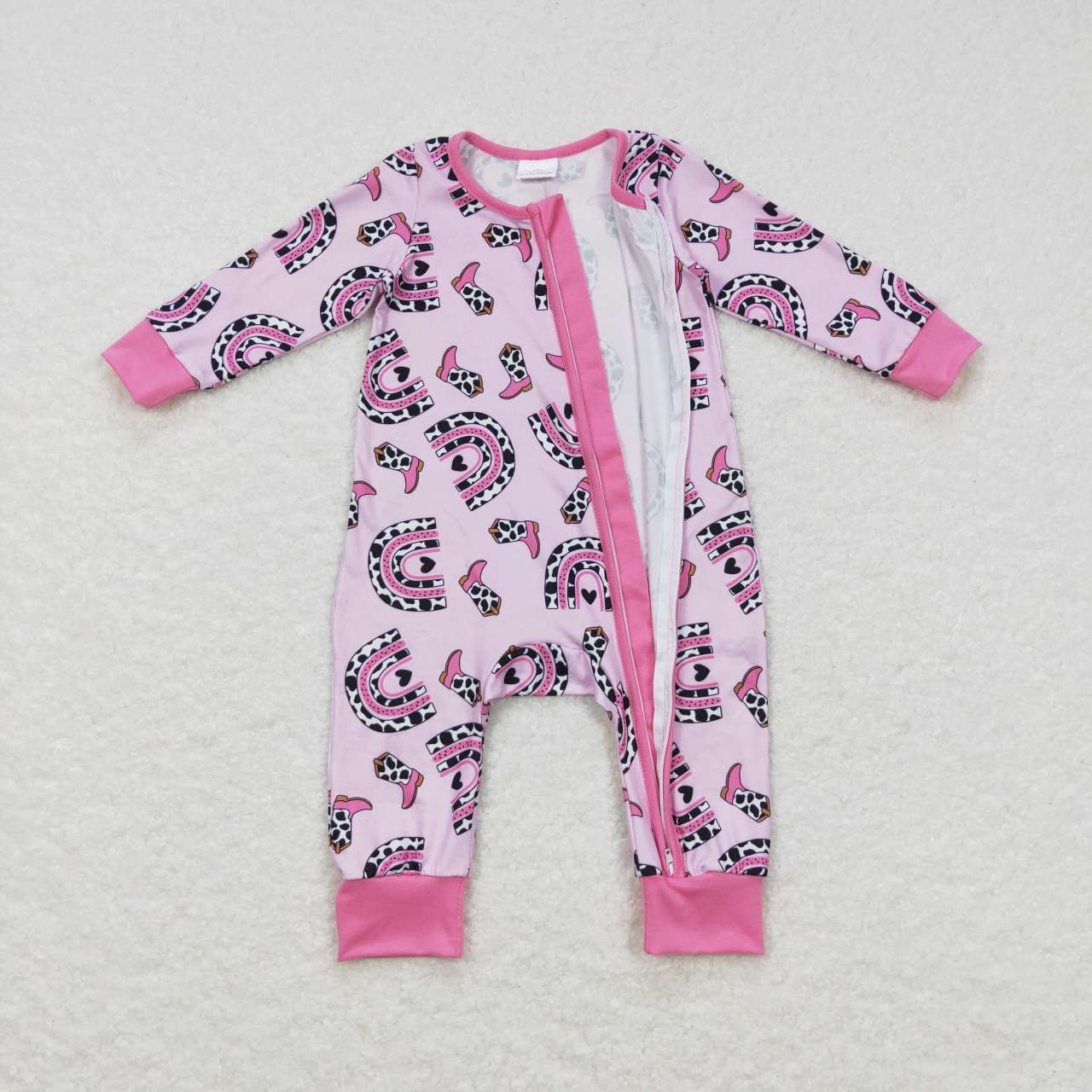 LR0490 Pink Boots Rainbow Print Baby Girls Zipper Sleeper Romper