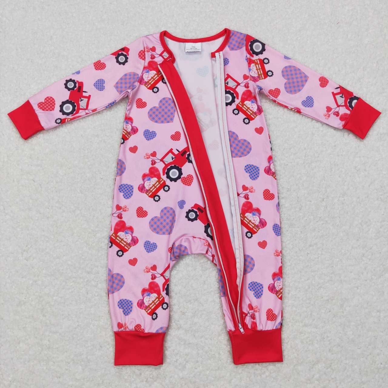 LR0774 Pink Truck Heart Print Baby Girls Valentine's Day Zipper Romper