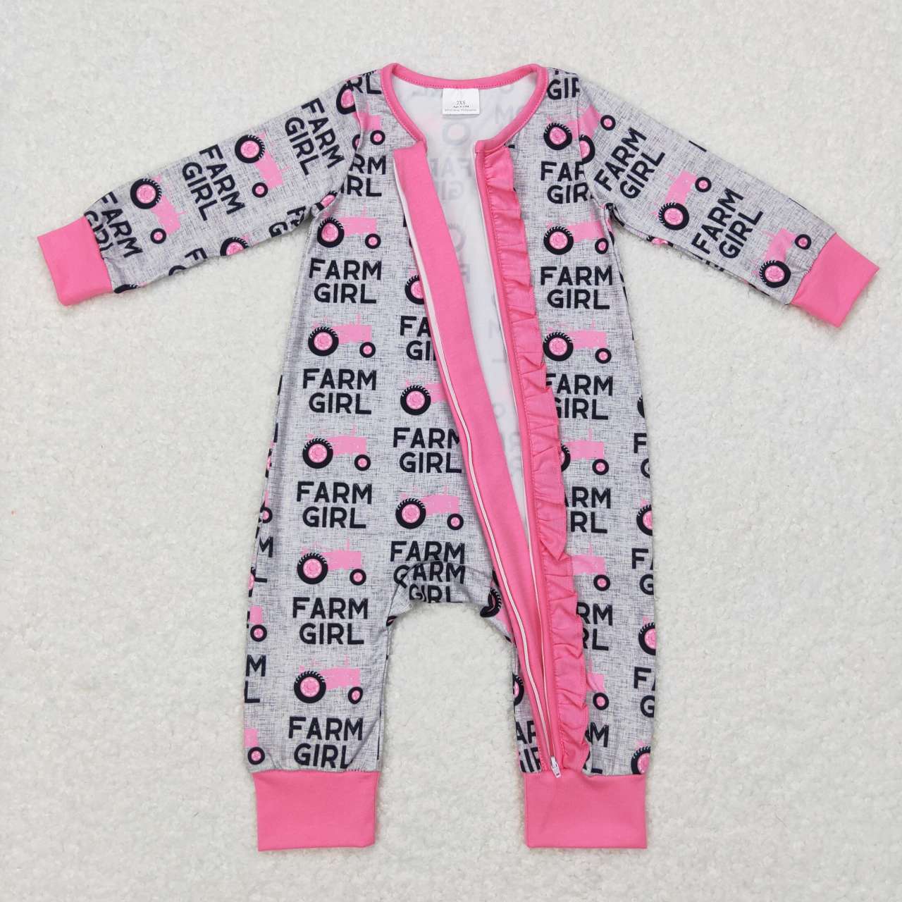 LR0687 Farm Girl Pink Tractors Print Baby Girls Sleeper Zipper Romper