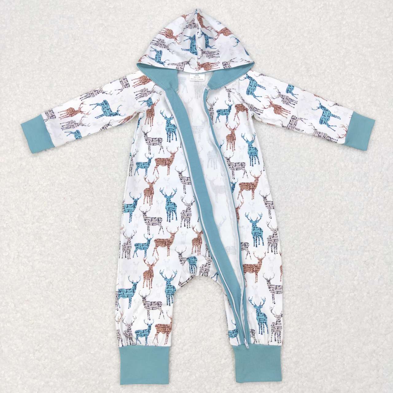 LR0776 Deer Print Baby Kids Hoodie Zipper Romper