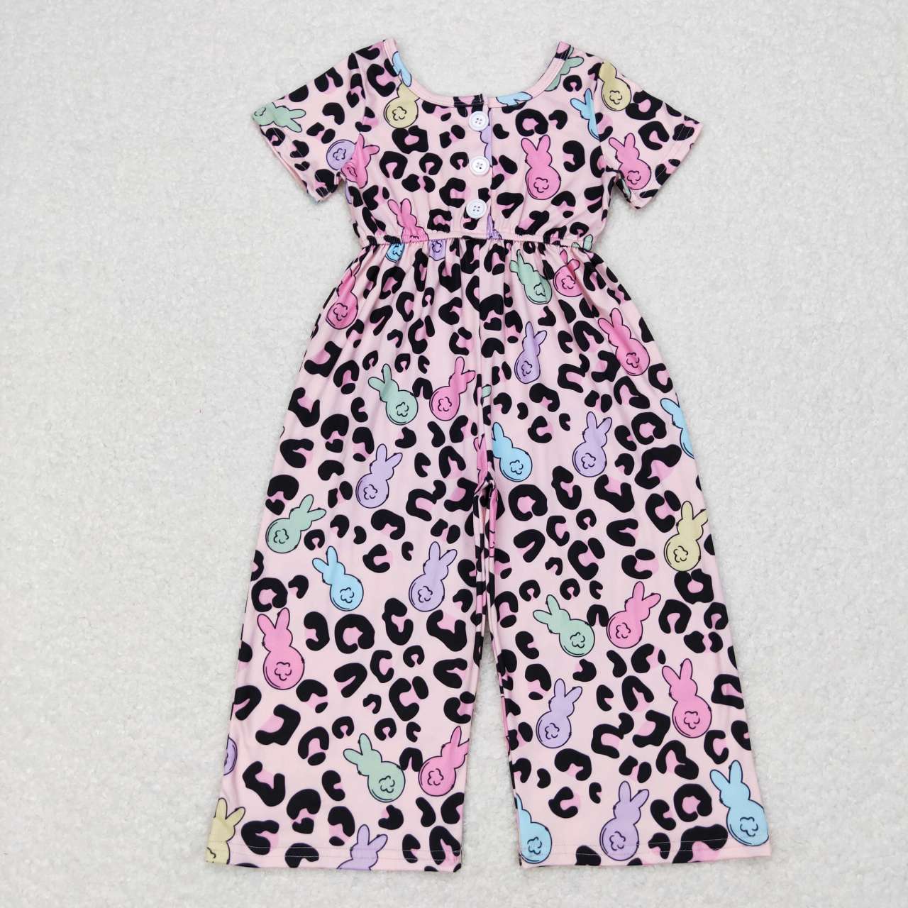 SR0481 Colorful Bunny Leopard Print Girls Buttons Easter Jumpsuits
