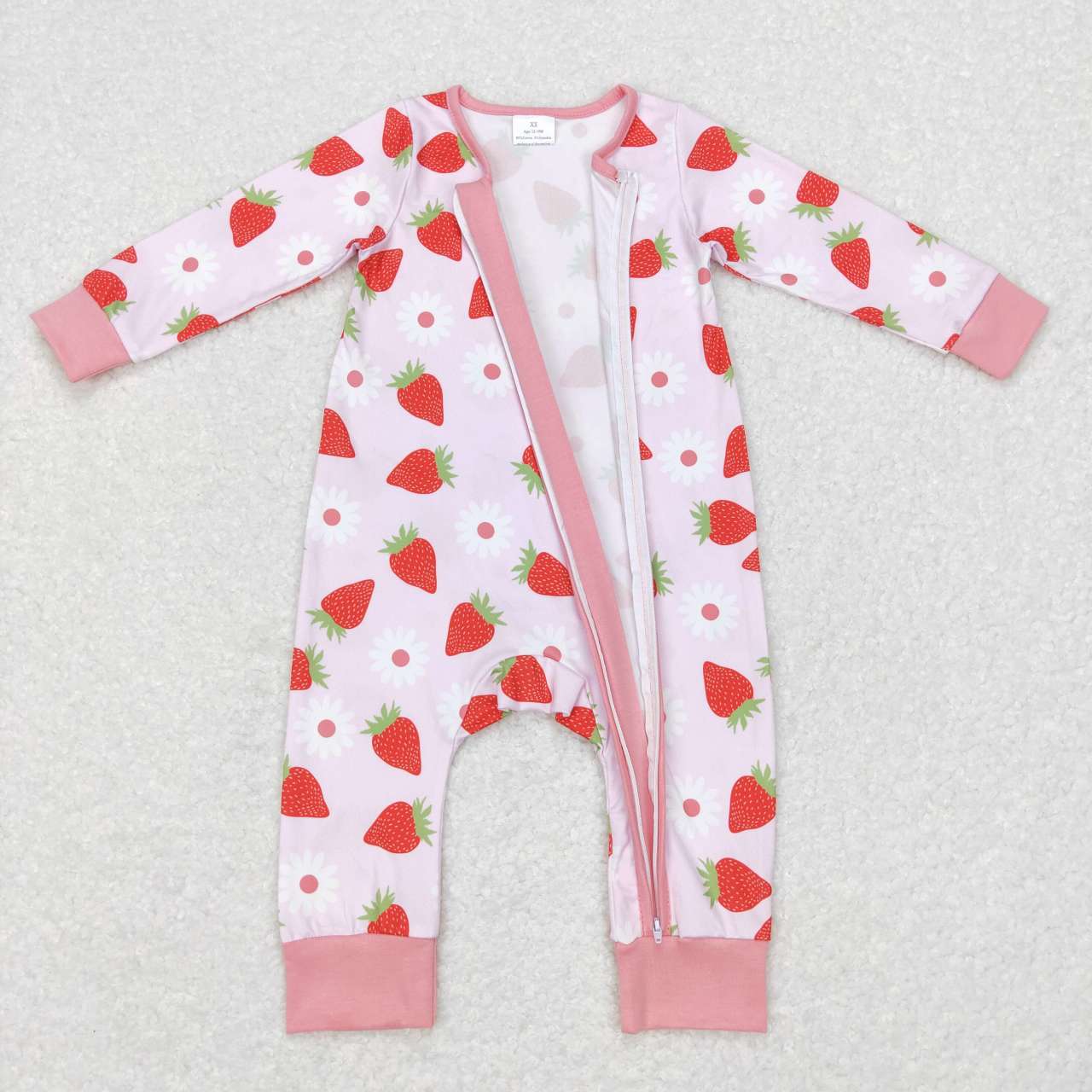 LR0795 Pink Flowers Strawberry Print Baby Girls Sleeper Zipper Romper