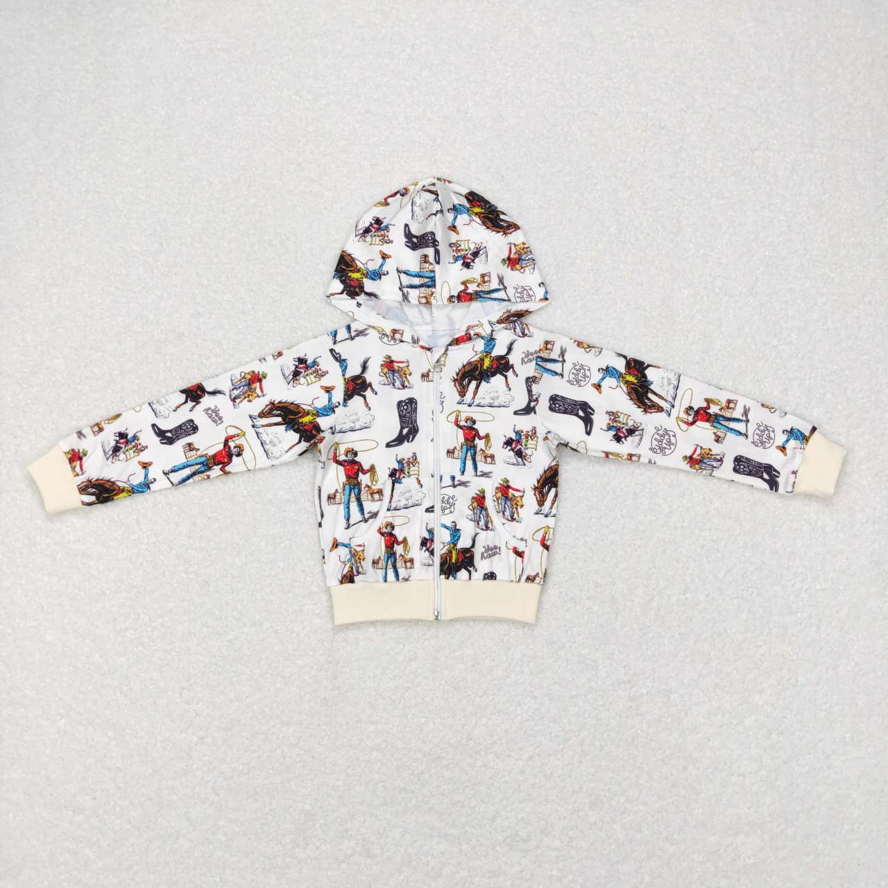 BT0267 White Cowboy Rodeo Print Kids Fall Western Hoodie Zipper Jackets