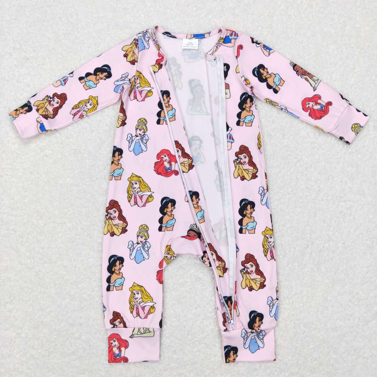 LR0800 Pink Cartoon Princess Print Baby Girls Sleeper Zipper Romper