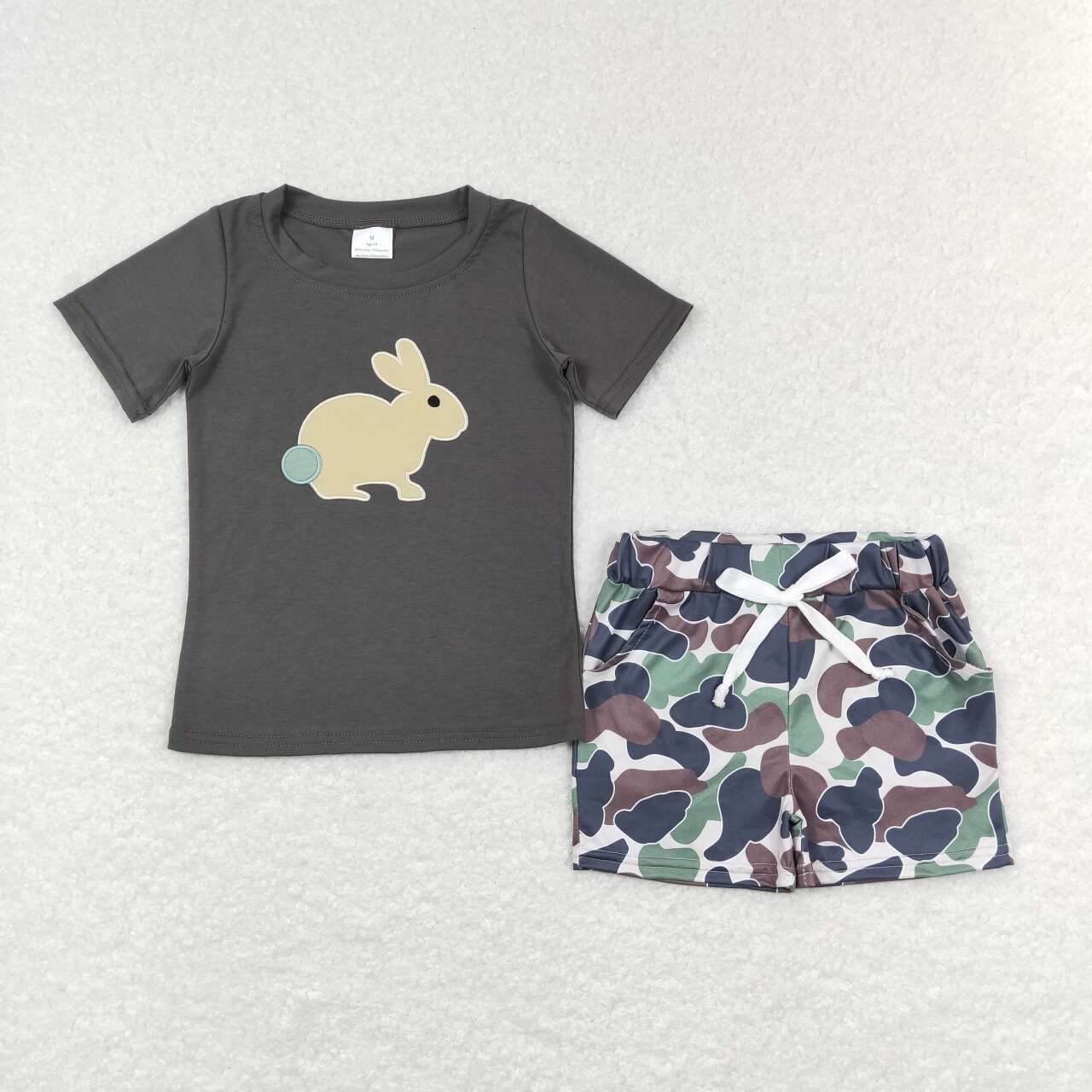 BSSO0401 Grey Bunny Top Green Camo Shorts Boys Easter Clothes Sets