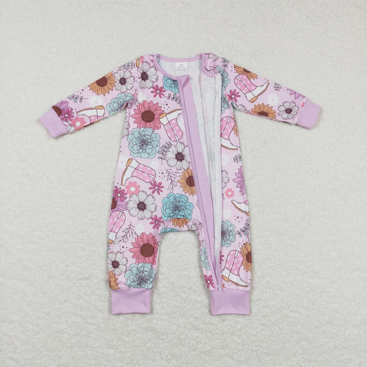 LR0801 Boots Flowers Print Baby Girls Sleeper Western Zipper Romper