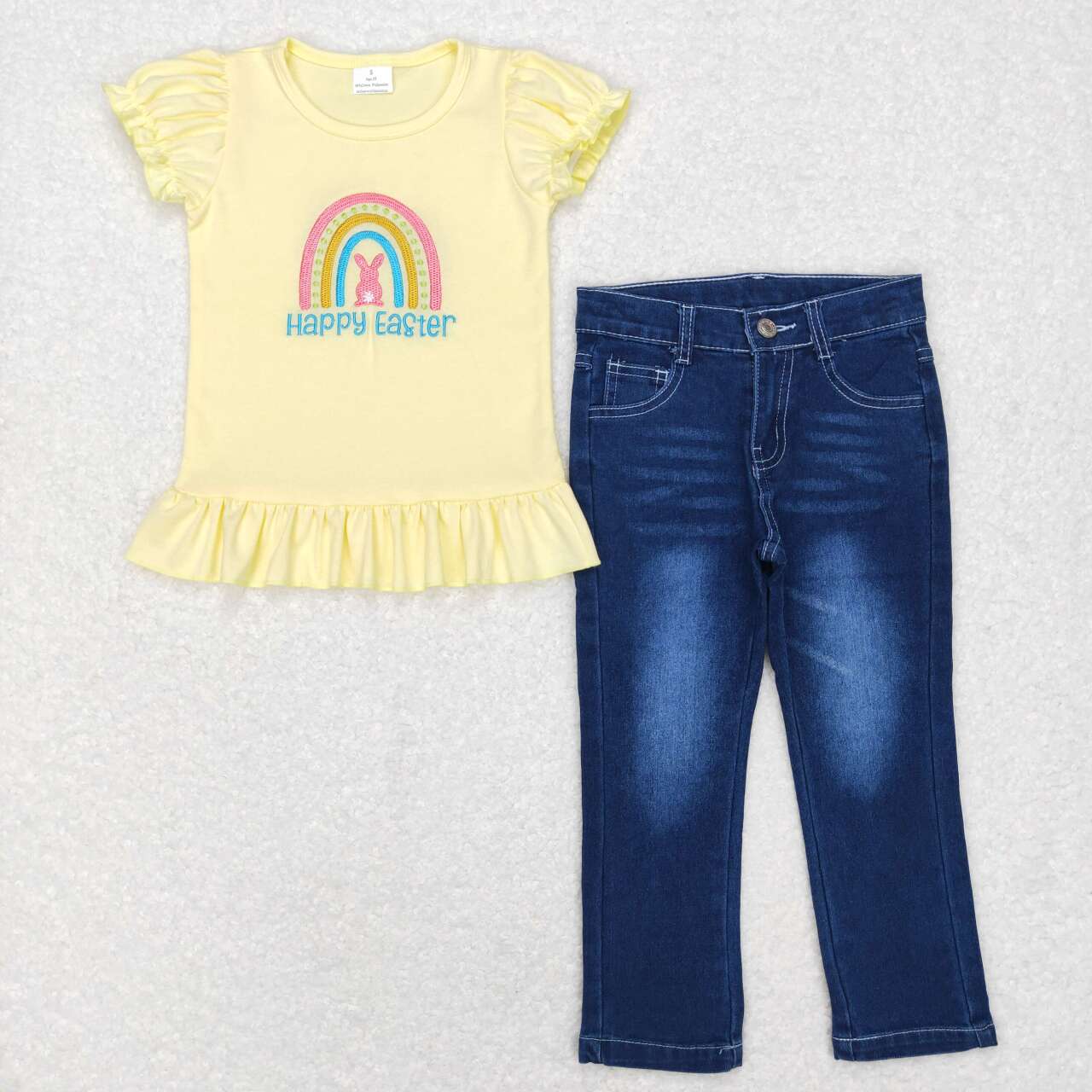 GSPO1137 Happy Easter Rainbow Bunny Embroidery Yellow Top Denim Jeans Girls Clothes Set