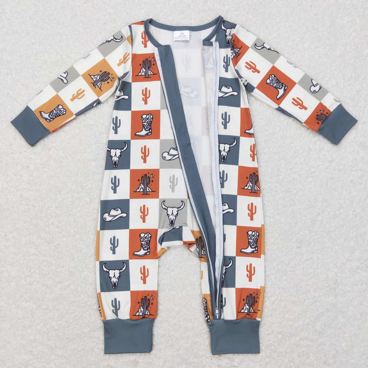 USA-Shop LR0803 Cow Skull Boots Hat Print Baby Boys Sleeper Zipper Romper