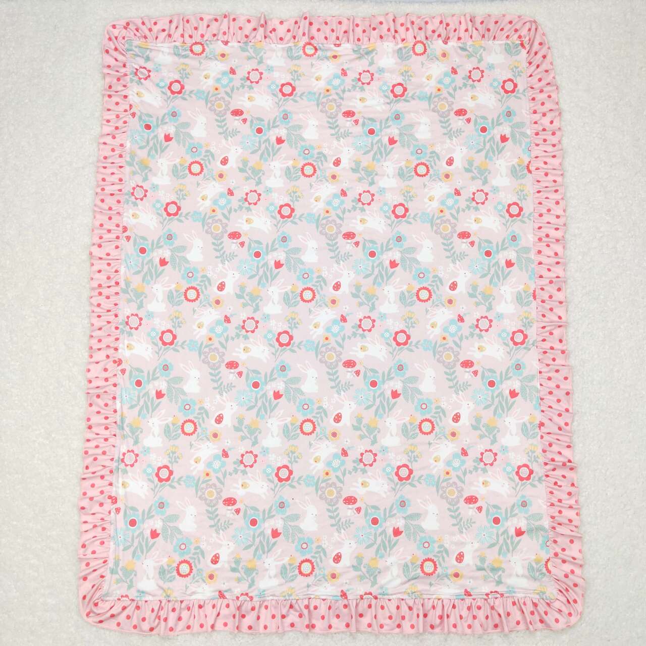 BL0082 Pink Flowers Bunny Print Baby Girls Easter Ruffle Blanket