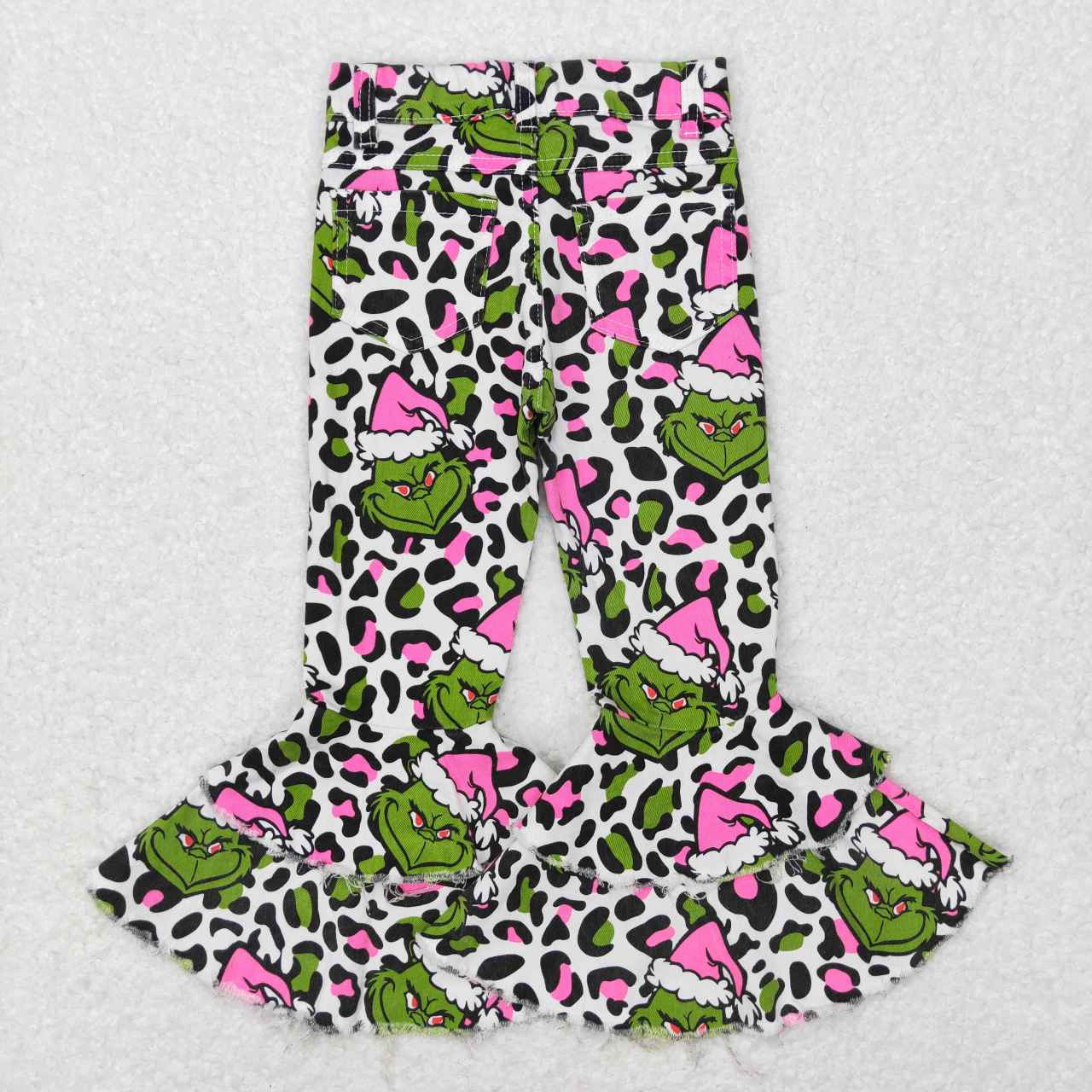 P0318 Pink Leopard Frog Face Denim Girls Bell Bottom Jeans Christmas pants
