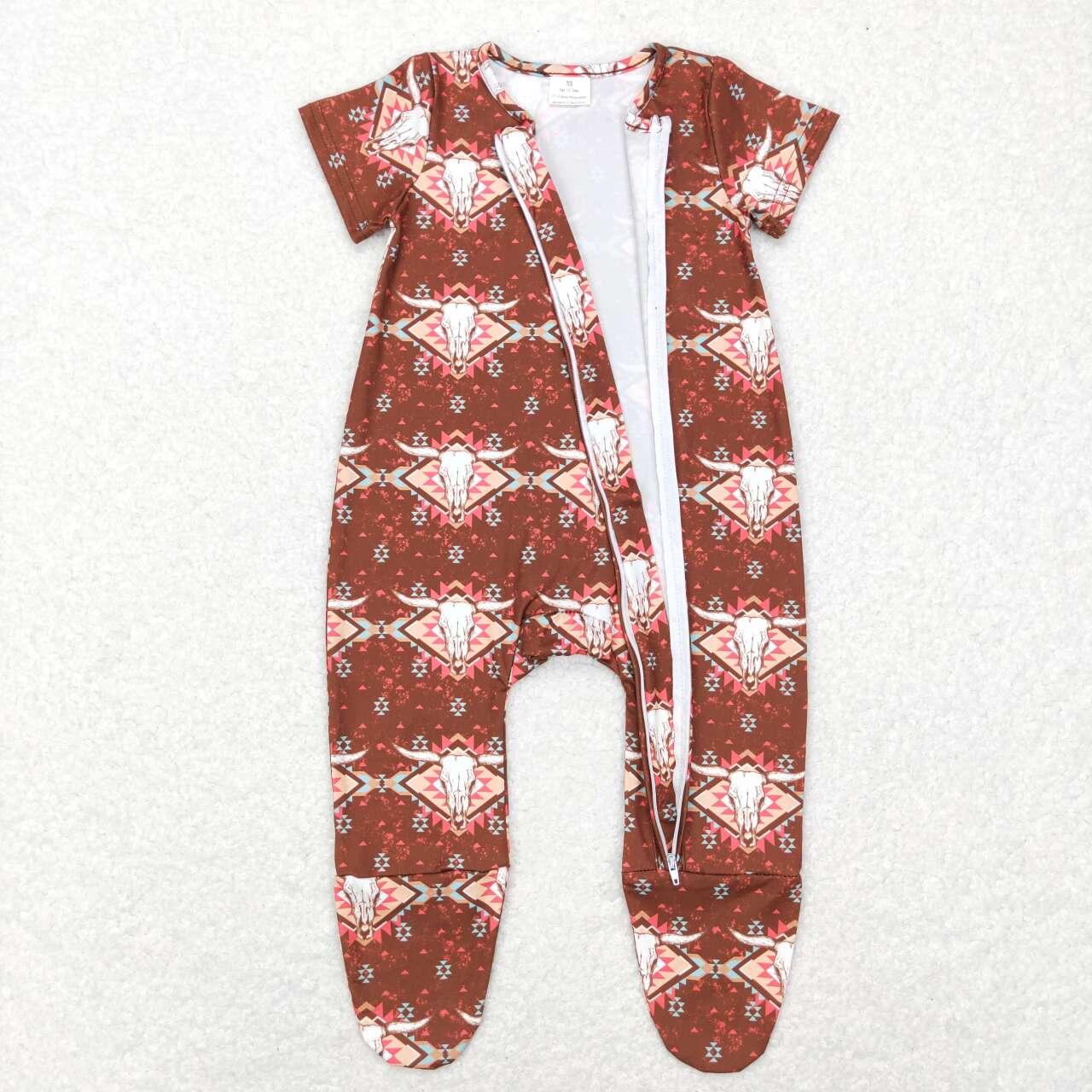 (Promotion)SR0199 Baby Cow Skull Print Western Footie Romper